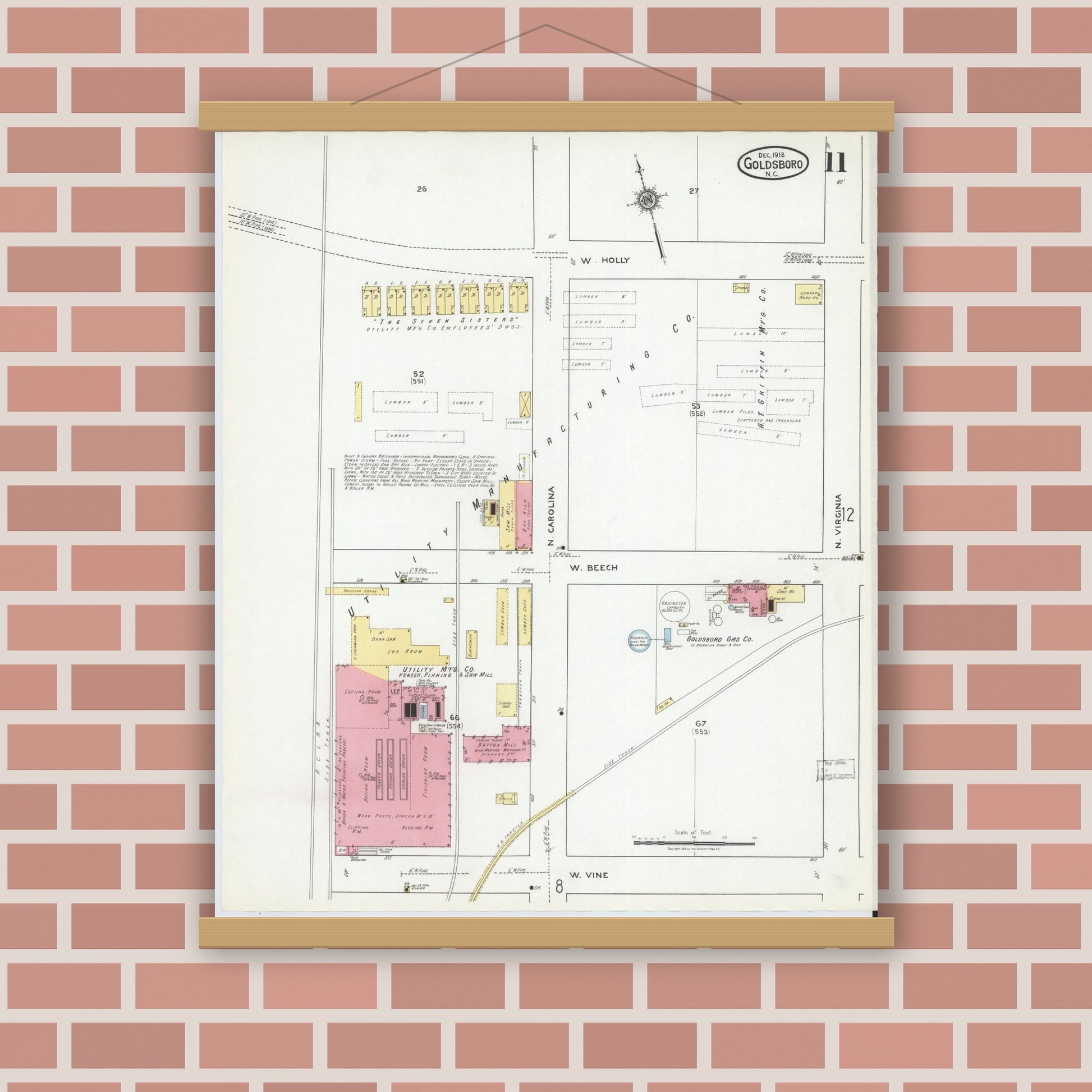 Old map wall art mockup — magnetic wood frame on brick wall — Sanborn Fire Insurance Map from Goldsboro, Wayne County, North Carolina (1918), Sheet #0011