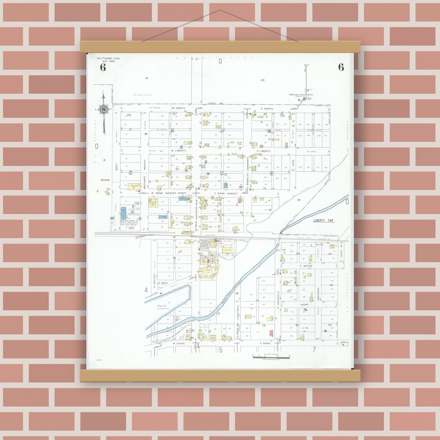 Old map wall art mockup — magnetic wood frame on brick wall — Sanborn Fire Insurance Map from Baltimore, Fairfield County, Ohio (1946), Sheet #0006
