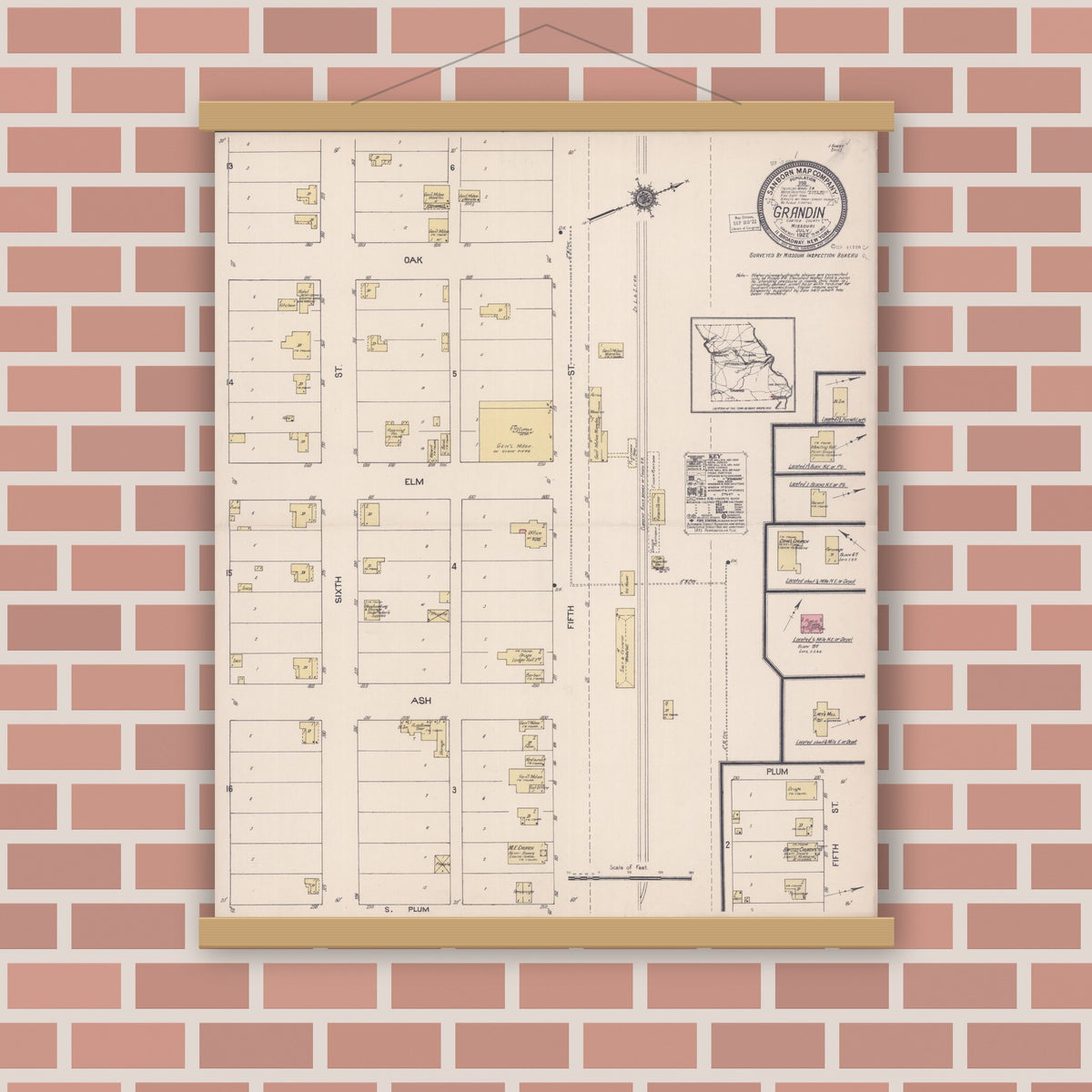 Old map wall art mockup — magnetic wood frame on brick wall — Sanborn Fire Insurance Map from Grandin, Carter County, Missouri (1922), Sheet #0001