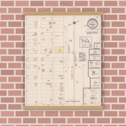 Old map wall art mockup — magnetic wood frame on brick wall — Sanborn Fire Insurance Map from Grandin, Carter County, Missouri (1922), Sheet #0001