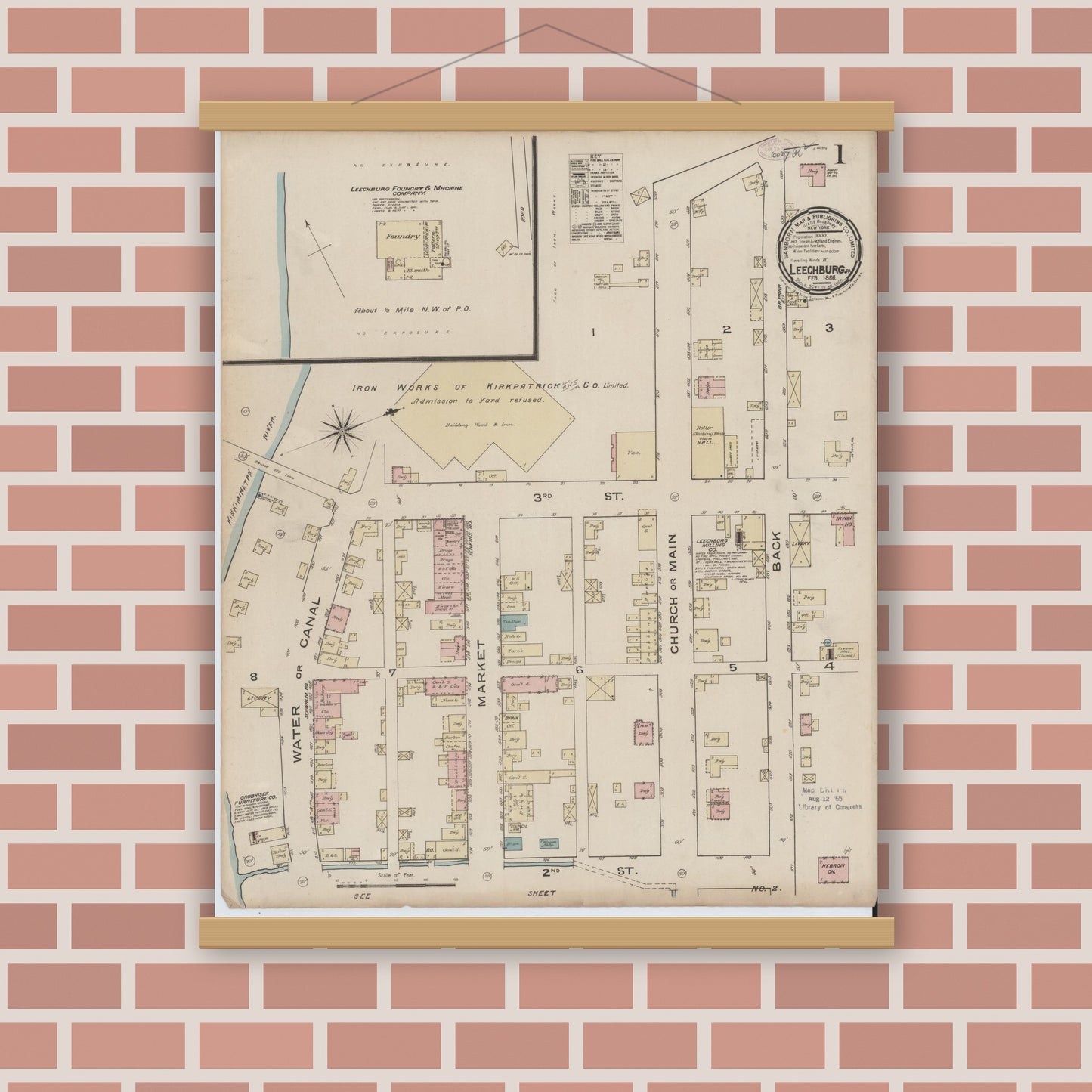 Old map wall art mockup — magnetic wood frame on brick wall — Sanborn Fire Insurance Map from Leechburg, Armstrong County, Pennsylvania (1886) - Complete Map Set