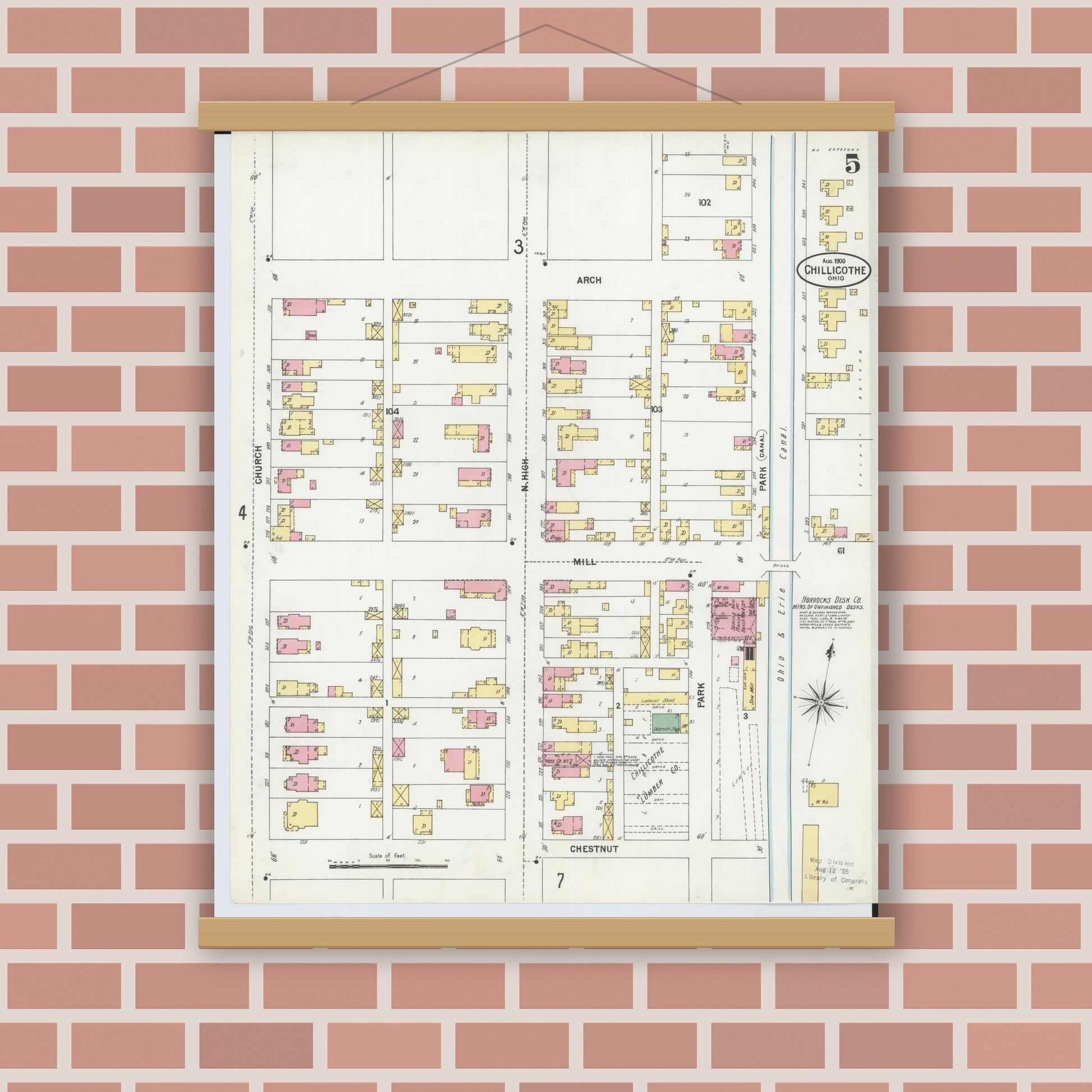 Old map wall art mockup — magnetic wood frame on brick wall — Sanborn Fire Insurance Map from Chillicothe, Ross County, Ohio (1900), Sheet #0005