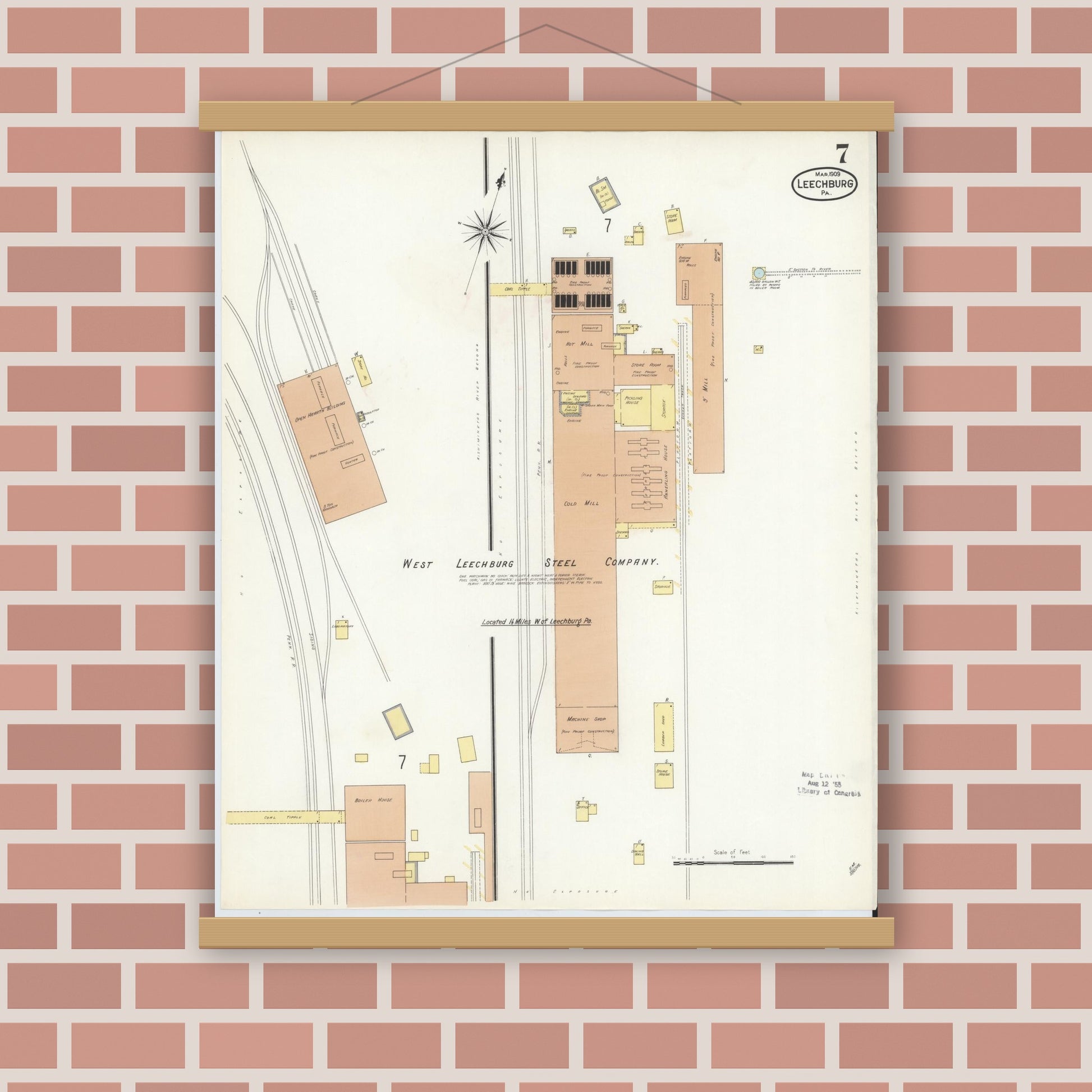 Old map wall art mockup — magnetic wood frame on brick wall — Sanborn Fire Insurance Map from Leechburg, Armstrong County, Pennsylvania (1909), Sheet #0007