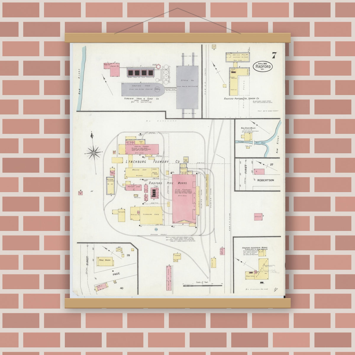 Old map wall art mockup — magnetic wood frame on brick wall — Sanborn Fire Insurance Map from Radford, Independent Cities, Virginia (1908), Sheet #0007