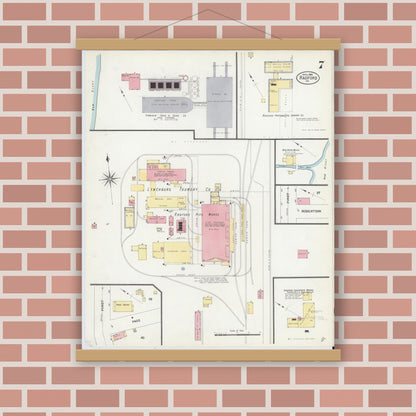 Old map wall art mockup — magnetic wood frame on brick wall — Sanborn Fire Insurance Map from Radford, Independent Cities, Virginia (1908), Sheet #0007
