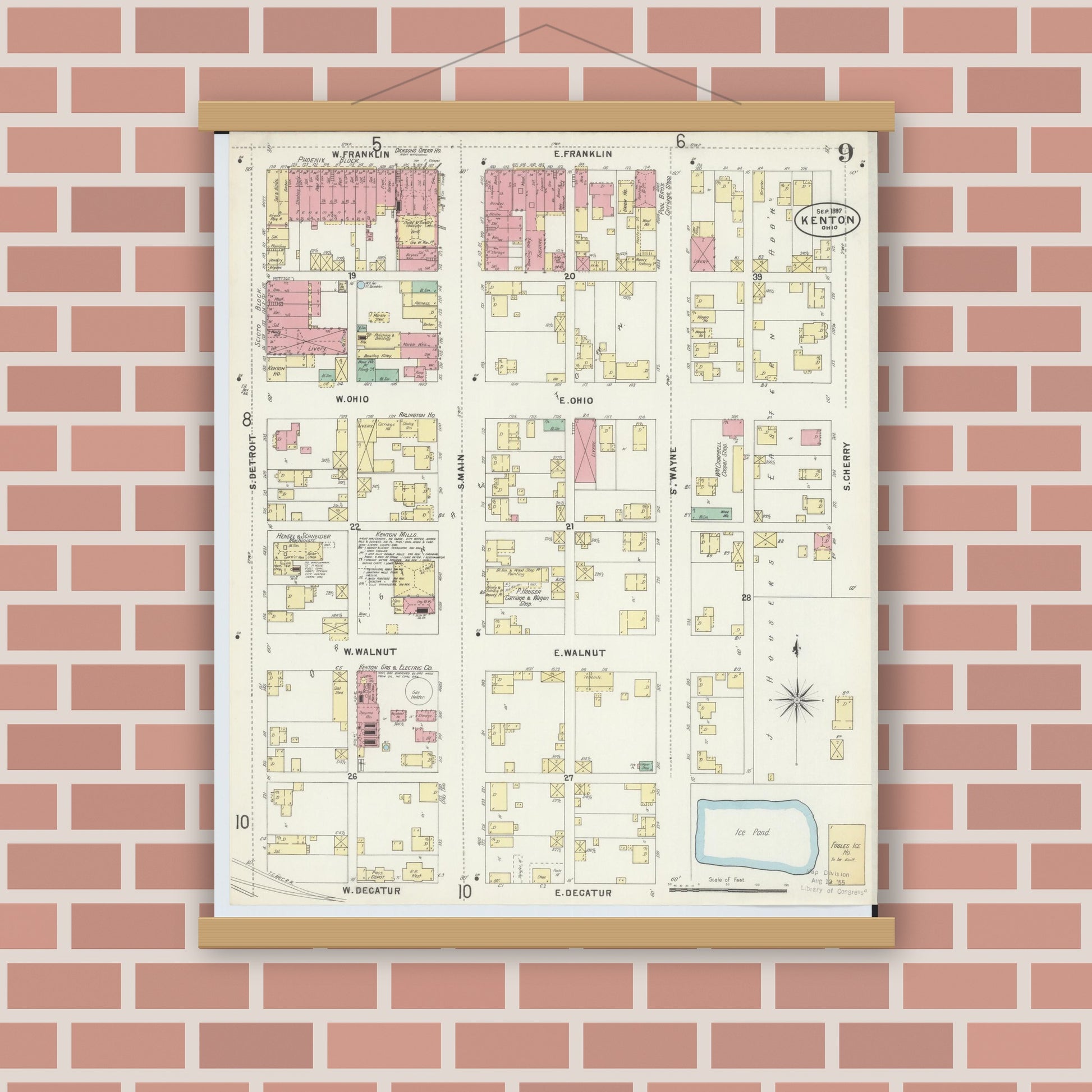 Old map wall art mockup — magnetic wood frame on brick wall — Sanborn Fire Insurance Map from Kenton, Hardin County, Ohio (1897), Sheet #0009