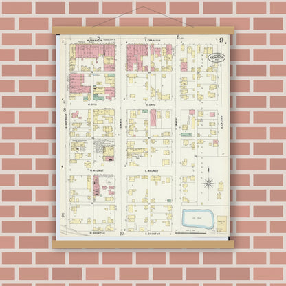 Old map wall art mockup — magnetic wood frame on brick wall — Sanborn Fire Insurance Map from Kenton, Hardin County, Ohio (1897), Sheet #0009