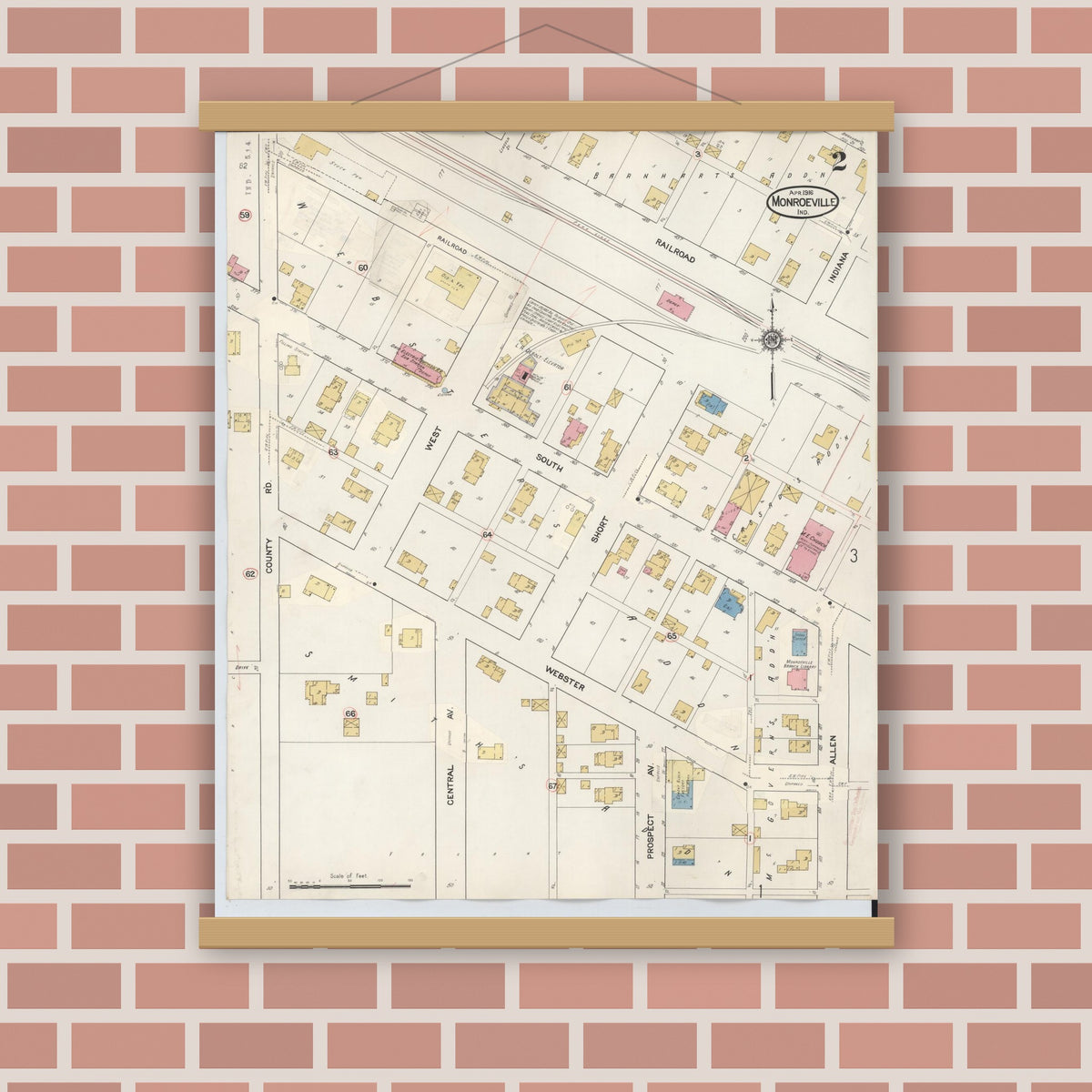 Old map wall art mockup — magnetic wood frame on brick wall — Sanborn Fire Insurance Map from Monroeville, Allen County, Indiana (1932), Sheet #0002