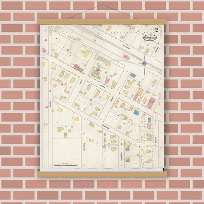 Old map wall art mockup — magnetic wood frame on brick wall — Sanborn Fire Insurance Map from Monroeville, Allen County, Indiana (1932), Sheet #0002