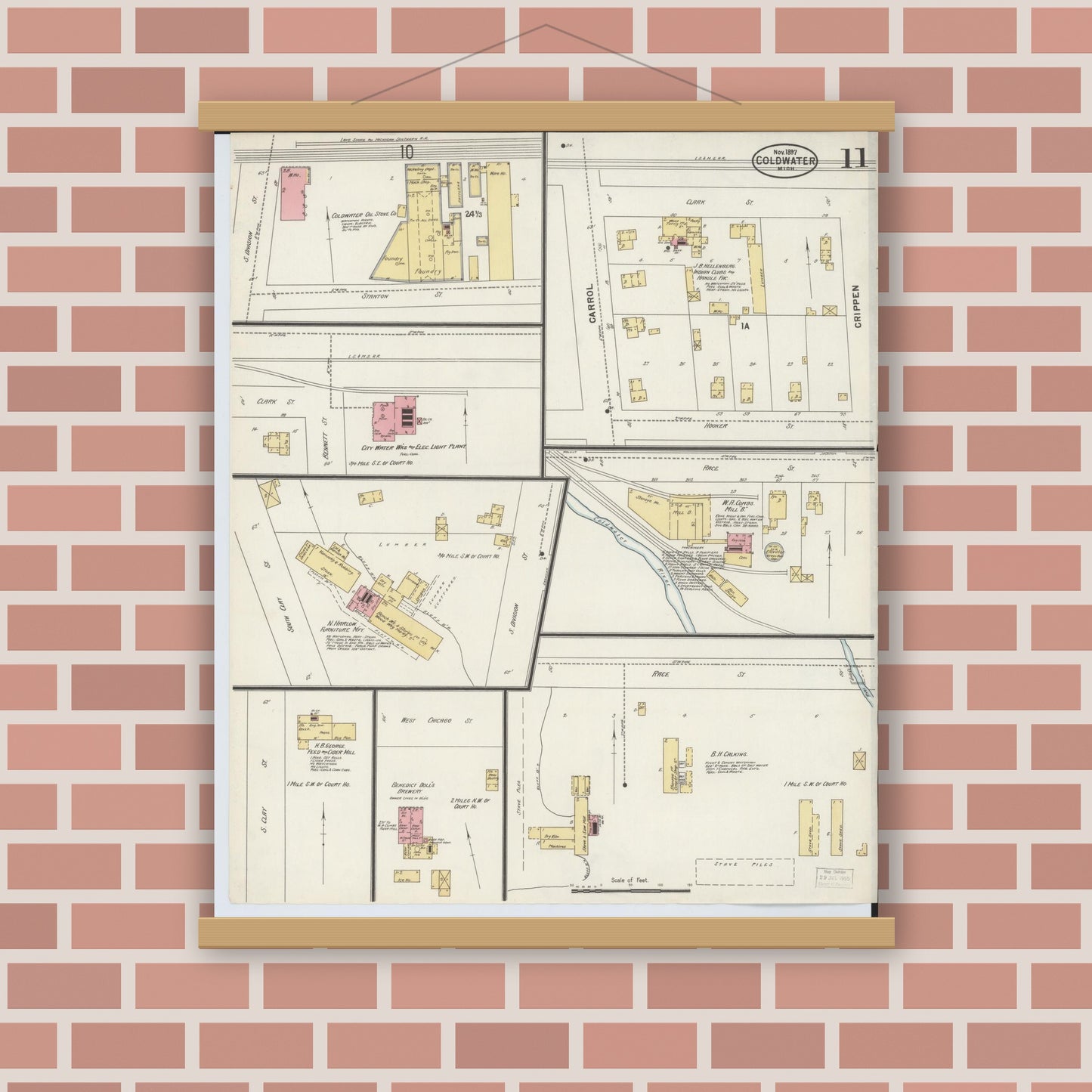 Old map wall art mockup — magnetic wood frame on brick wall — Sanborn Fire Insurance Map from Coldwater, Branch County, Michigan (1897), Sheet #0011