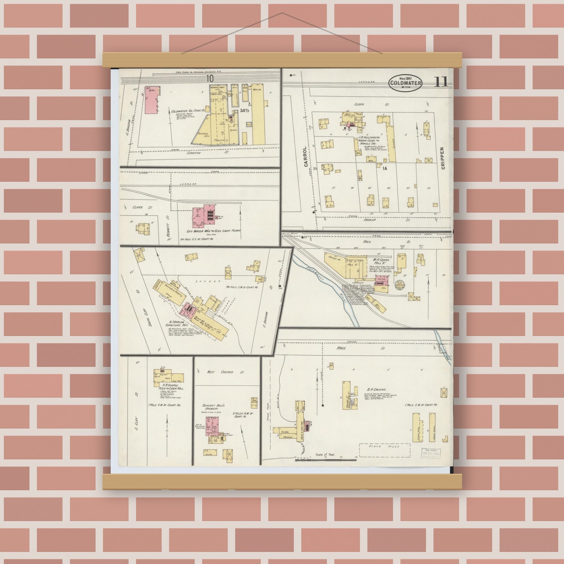 Old map wall art mockup — magnetic wood frame on brick wall — Sanborn Fire Insurance Map from Coldwater, Branch County, Michigan (1897), Sheet #0011