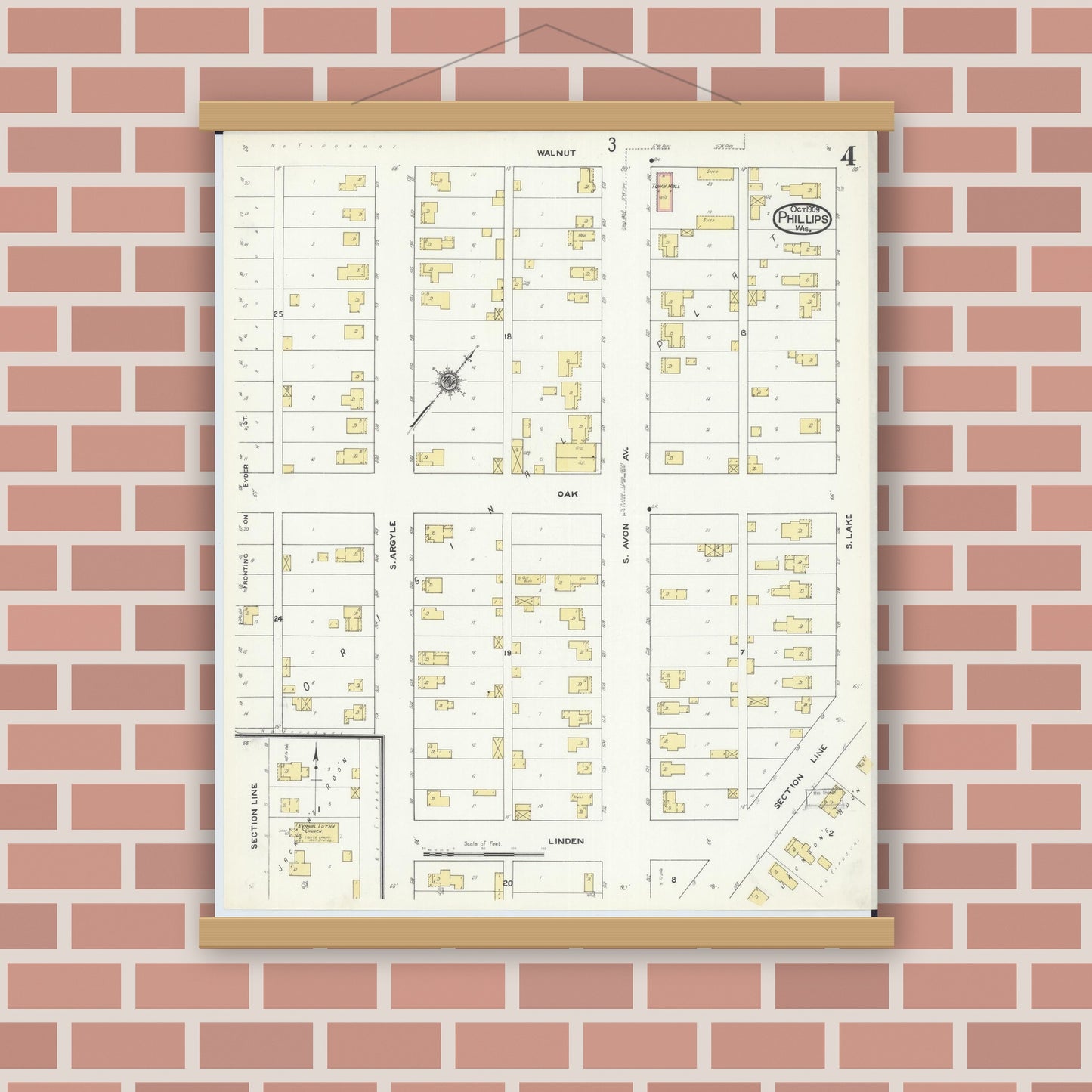 Old map wall art mockup — magnetic wood frame on brick wall — Sanborn Fire Insurance Map from Phillips, Price County, Wisconsin (1909), Sheet #0004