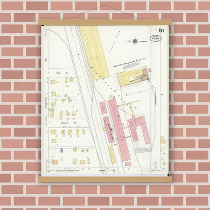 Old map wall art mockup — magnetic wood frame on brick wall — Sanborn Fire Insurance Map from Alma, Gratiot County, Michigan (1910), Sheet #0010