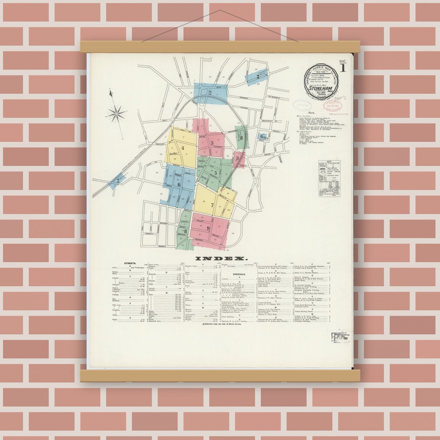 Old map wall art mockup — magnetic wood frame on brick wall — Sanborn Fire Insurance Map from Stoneham, Middlesex County, Massachusetts (1897), Sheet #0001