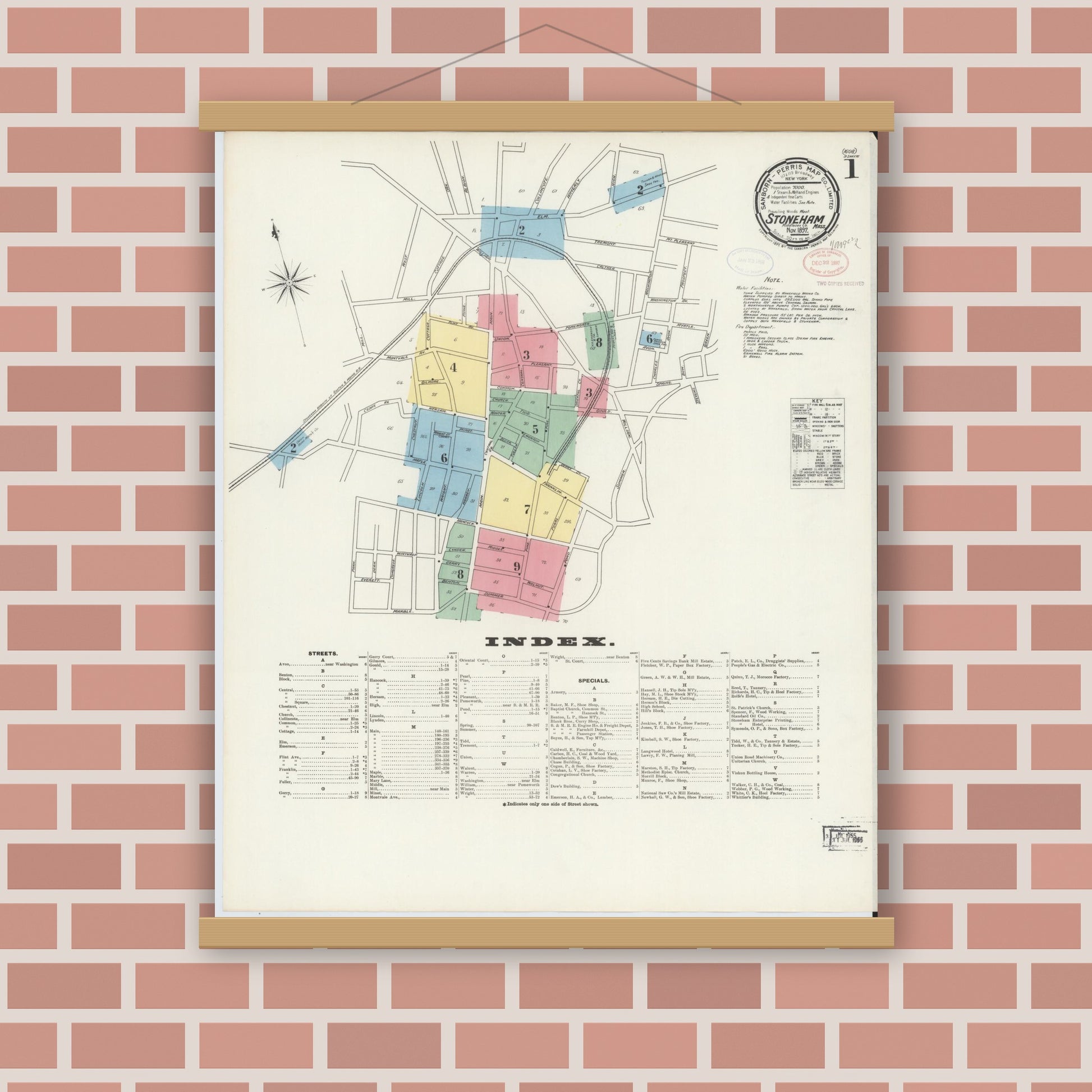 Old map wall art mockup — magnetic wood frame on brick wall — Sanborn Fire Insurance Map from Stoneham, Middlesex County, Massachusetts (1897), Sheet #0001