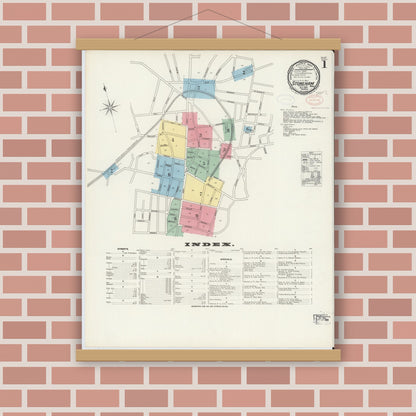 Old map wall art mockup — magnetic wood frame on brick wall — Sanborn Fire Insurance Map from Stoneham, Middlesex County, Massachusetts (1897), Sheet #0001