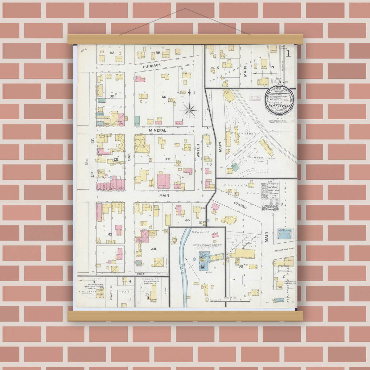 Old map wall art mockup — magnetic wood frame on brick wall — Sanborn Fire Insurance Map from Platteville, Grant County, Wisconsin (1892), Sheet #0001
