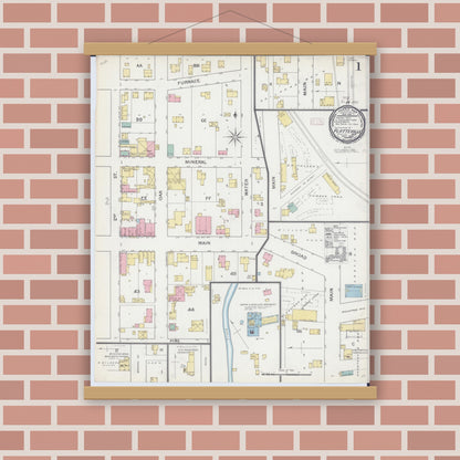 Old map wall art mockup — magnetic wood frame on brick wall — Sanborn Fire Insurance Map from Platteville, Grant County, Wisconsin (1892), Sheet #0001