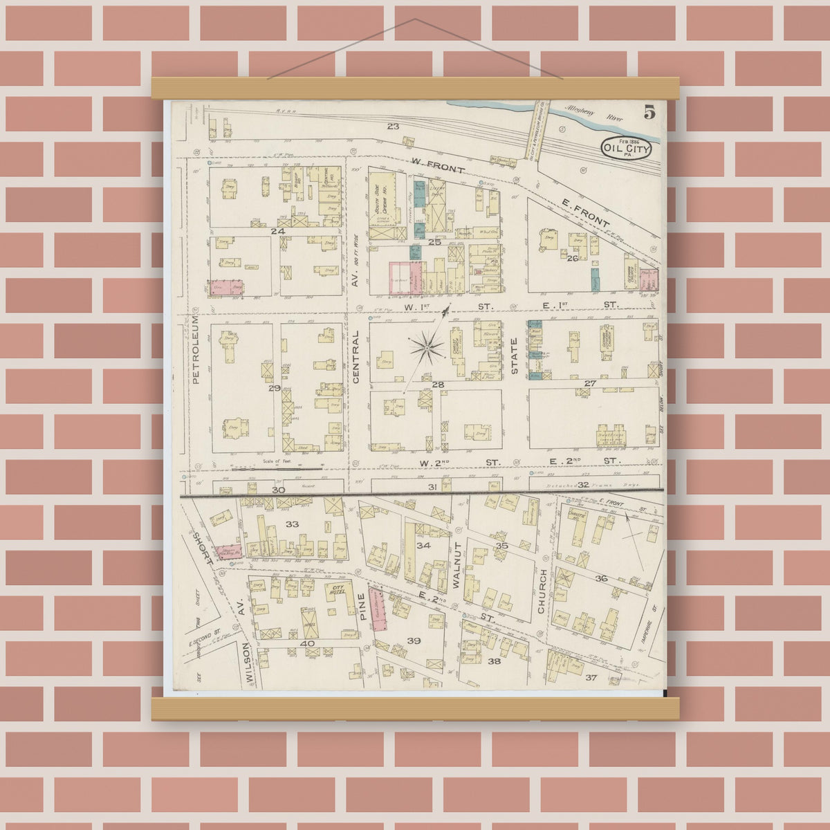 Old map wall art mockup — magnetic wood frame on brick wall — Sanborn Fire Insurance Map from Oil City, Venango County, Pennsylvania (1888), Sheet #0005