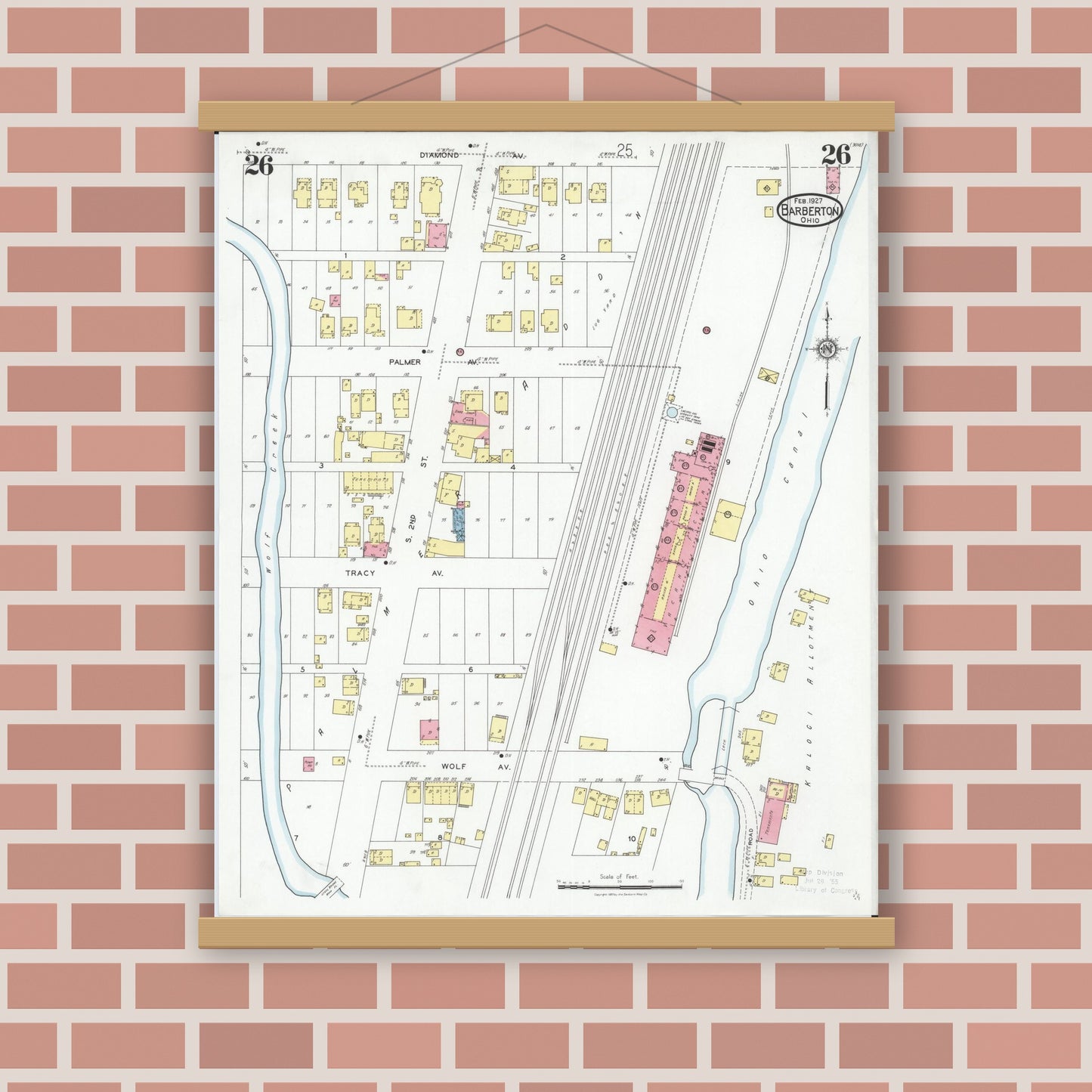 Old map wall art mockup — magnetic wood frame on brick wall — Sanborn Fire Insurance Map from Barberton, Summit County, Ohio (1927), Sheet #0026