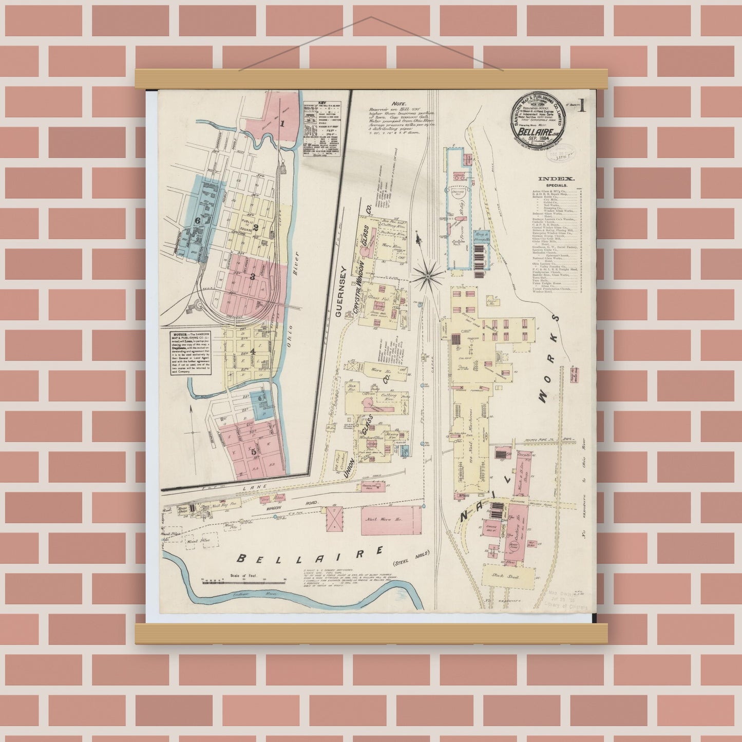 Old map wall art mockup — magnetic wood frame on brick wall — Sanborn Fire Insurance Map from Bellaire, Belmont County, Ohio (1884), Sheet #0001