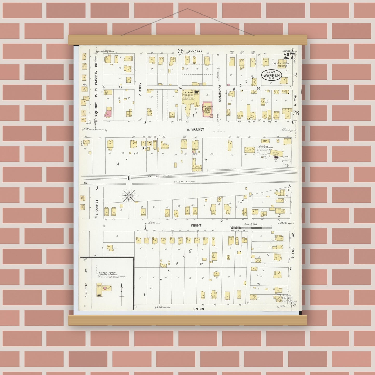 Old map wall art mockup — magnetic wood frame on brick wall — Sanborn Fire Insurance Map from Warren, Trumbull County, Ohio (1908), Sheet #0027