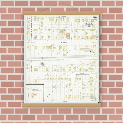 Old map wall art mockup — magnetic wood frame on brick wall — Sanborn Fire Insurance Map from Warren, Trumbull County, Ohio (1908), Sheet #0027