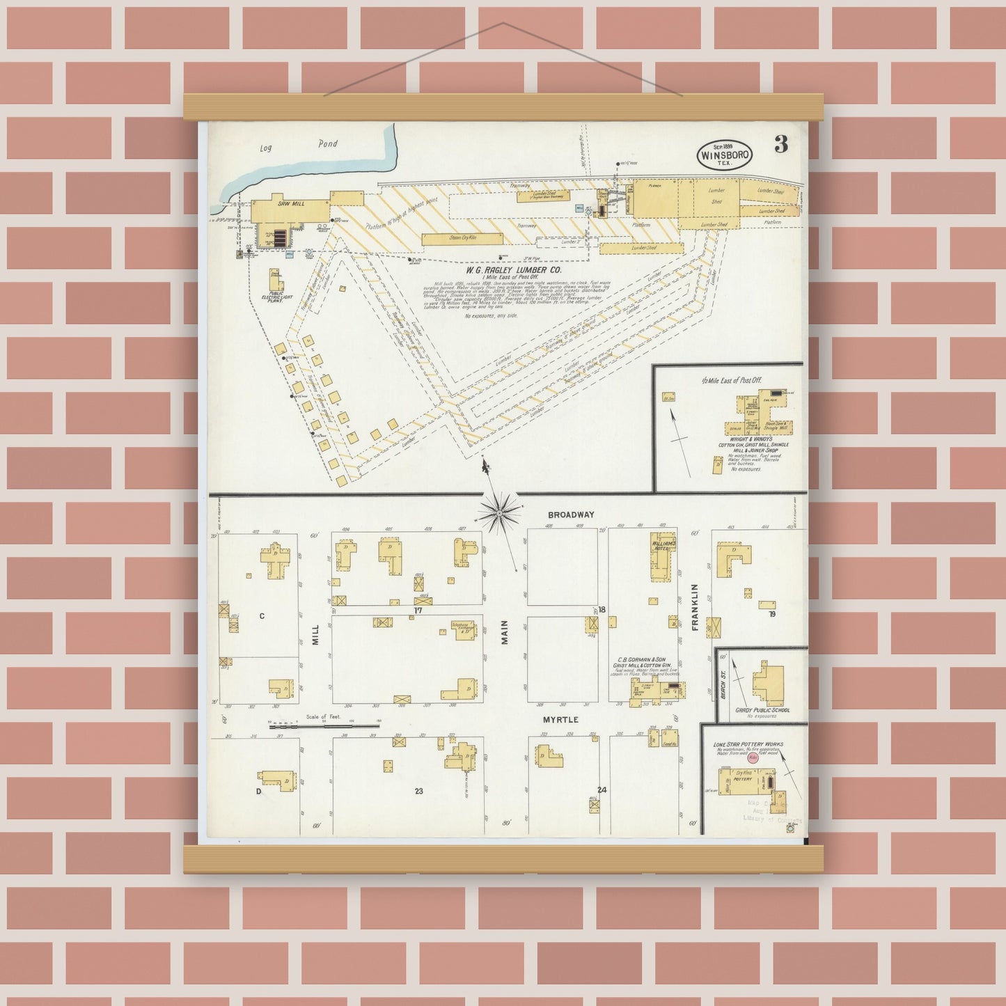 Old map wall art mockup — magnetic wood frame on brick wall — Sanborn Fire Insurance Map from Winnsboro, Wood County, Texas (1899), Sheet #0003
