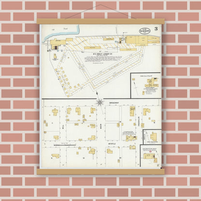 Old map wall art mockup — magnetic wood frame on brick wall — Sanborn Fire Insurance Map from Winnsboro, Wood County, Texas (1899), Sheet #0003