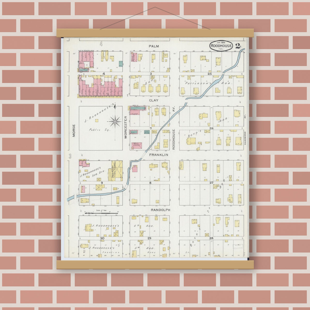 Old map wall art mockup — magnetic wood frame on brick wall — Sanborn Fire Insurance Map from Roodhouse, Greene County, Illinois (1894), Sheet #0002