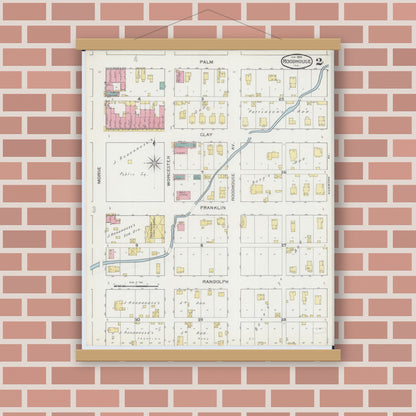 Old map wall art mockup — magnetic wood frame on brick wall — Sanborn Fire Insurance Map from Roodhouse, Greene County, Illinois (1894), Sheet #0002