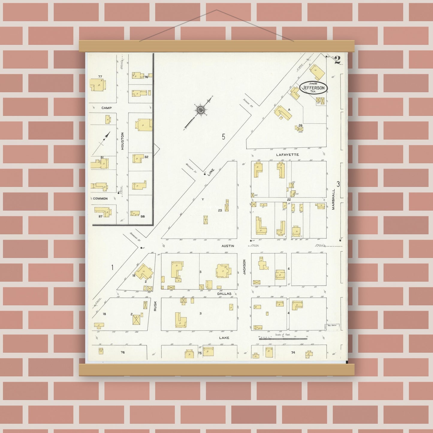 Old map wall art mockup — magnetic wood frame on brick wall — Sanborn Fire Insurance Map from Jefferson, Marion County, Texas (1911), Sheet #0002