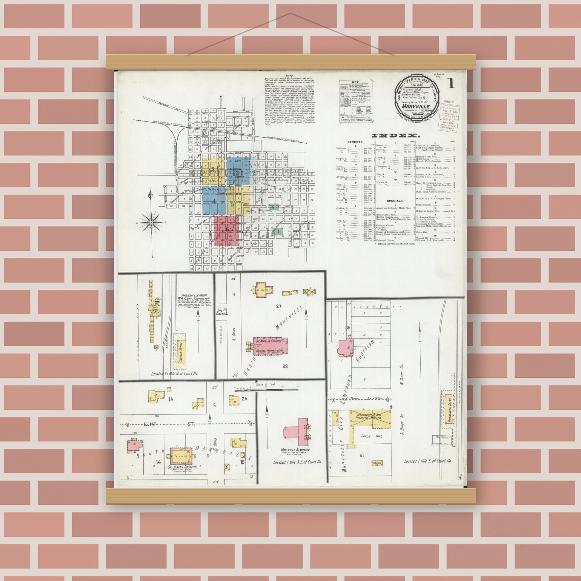 Old map wall art mockup — magnetic wood frame on brick wall — Sanborn Fire Insurance Map from Maryville, Nodaway County, Missouri (1900), Sheet #0001