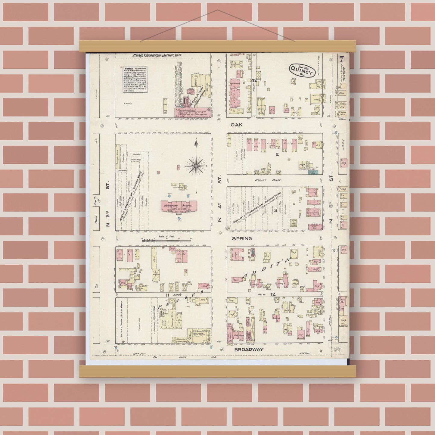 Old map wall art mockup — magnetic wood frame on brick wall — Sanborn Fire Insurance Map from Quincy, Adams County, Illinois (1883), Sheet #0007