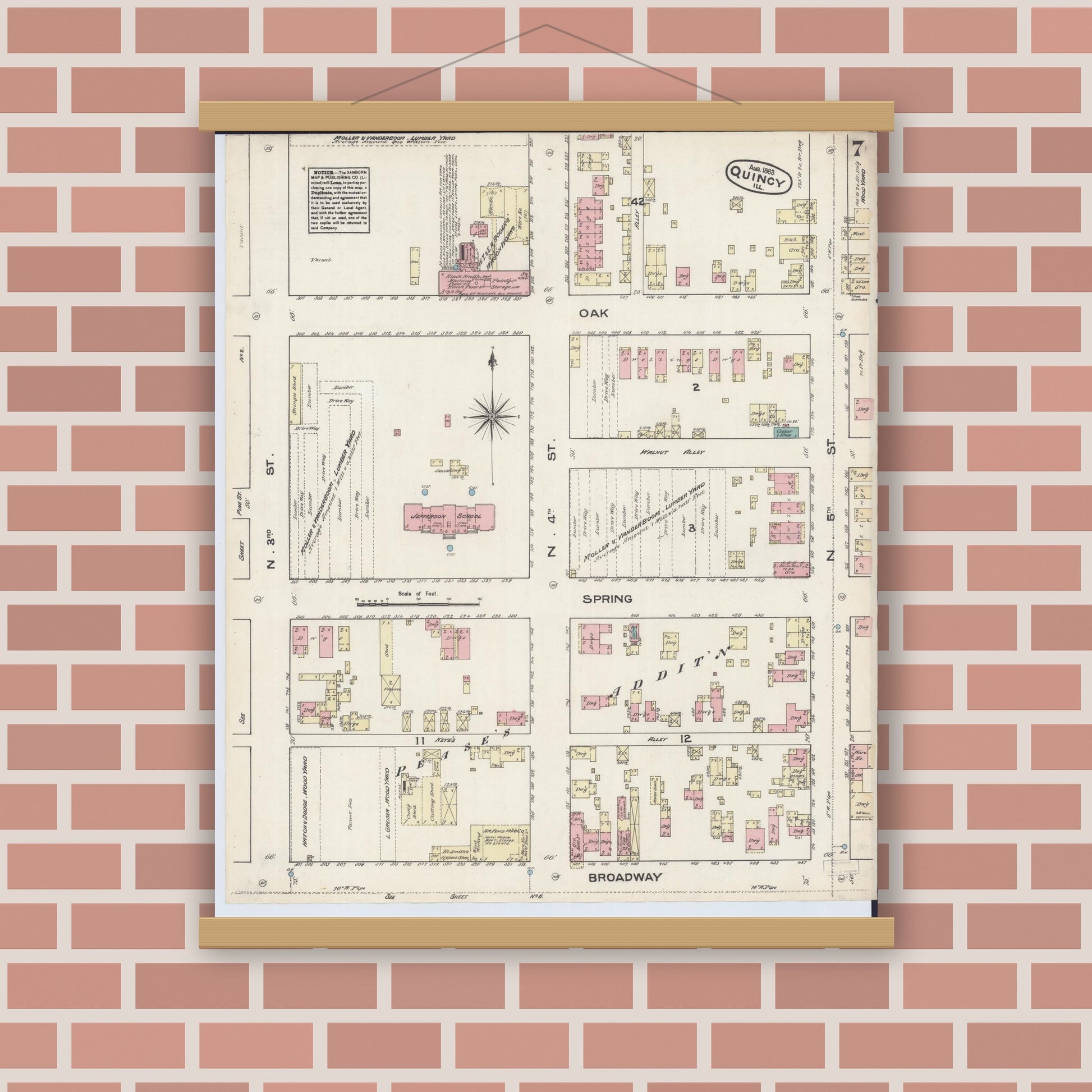 Old map wall art mockup — magnetic wood frame on brick wall — Sanborn Fire Insurance Map from Quincy, Adams County, Illinois (1883), Sheet #0007