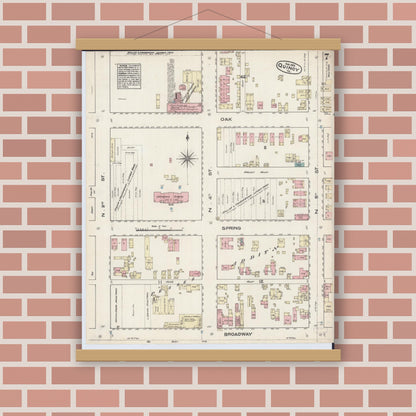 Old map wall art mockup — magnetic wood frame on brick wall — Sanborn Fire Insurance Map from Quincy, Adams County, Illinois (1883), Sheet #0007