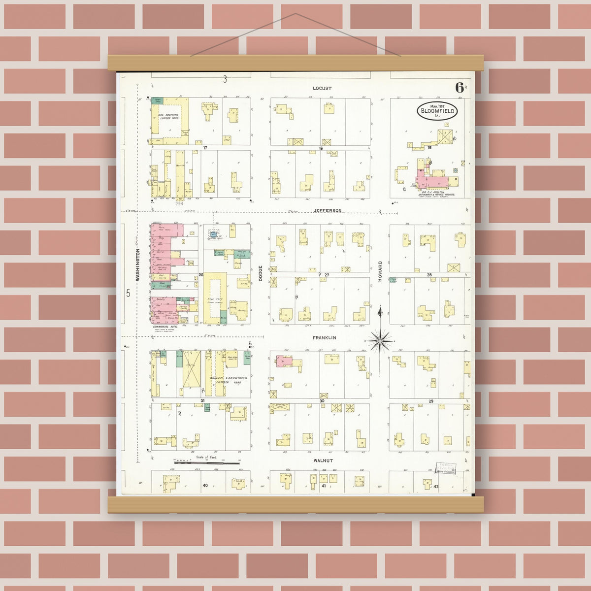 Old map wall art mockup — magnetic wood frame on brick wall — Sanborn Fire Insurance Map from Bloomfield, Davis County, Iowa (1907), Sheet #0006