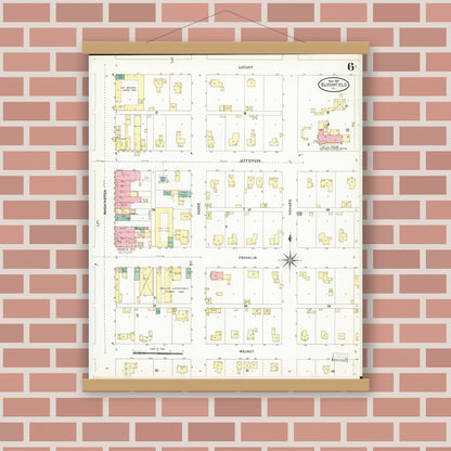 Old map wall art mockup — magnetic wood frame on brick wall — Sanborn Fire Insurance Map from Bloomfield, Davis County, Iowa (1907), Sheet #0006