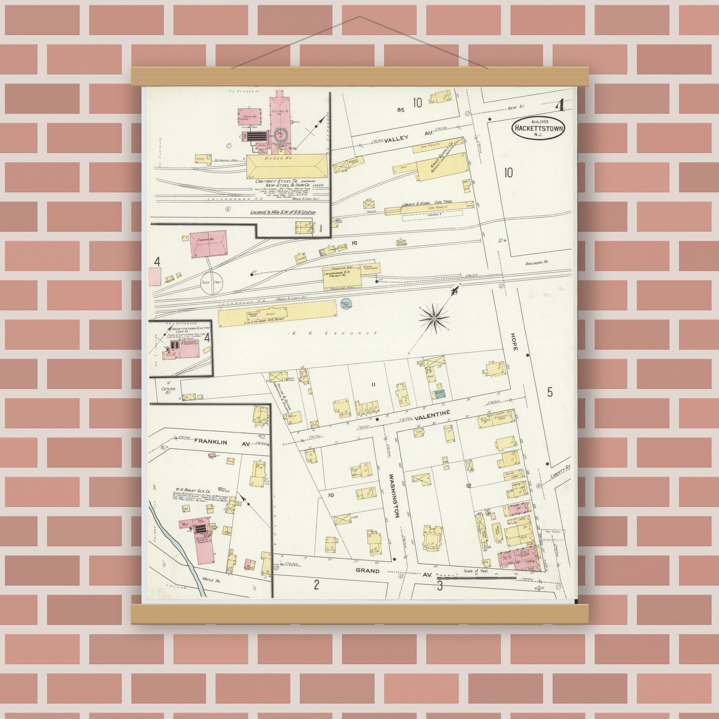 Old map wall art mockup — magnetic wood frame on brick wall — Sanborn Fire Insurance Map from Hackettstown, Warren County, New Jersey (1909), Sheet #0004