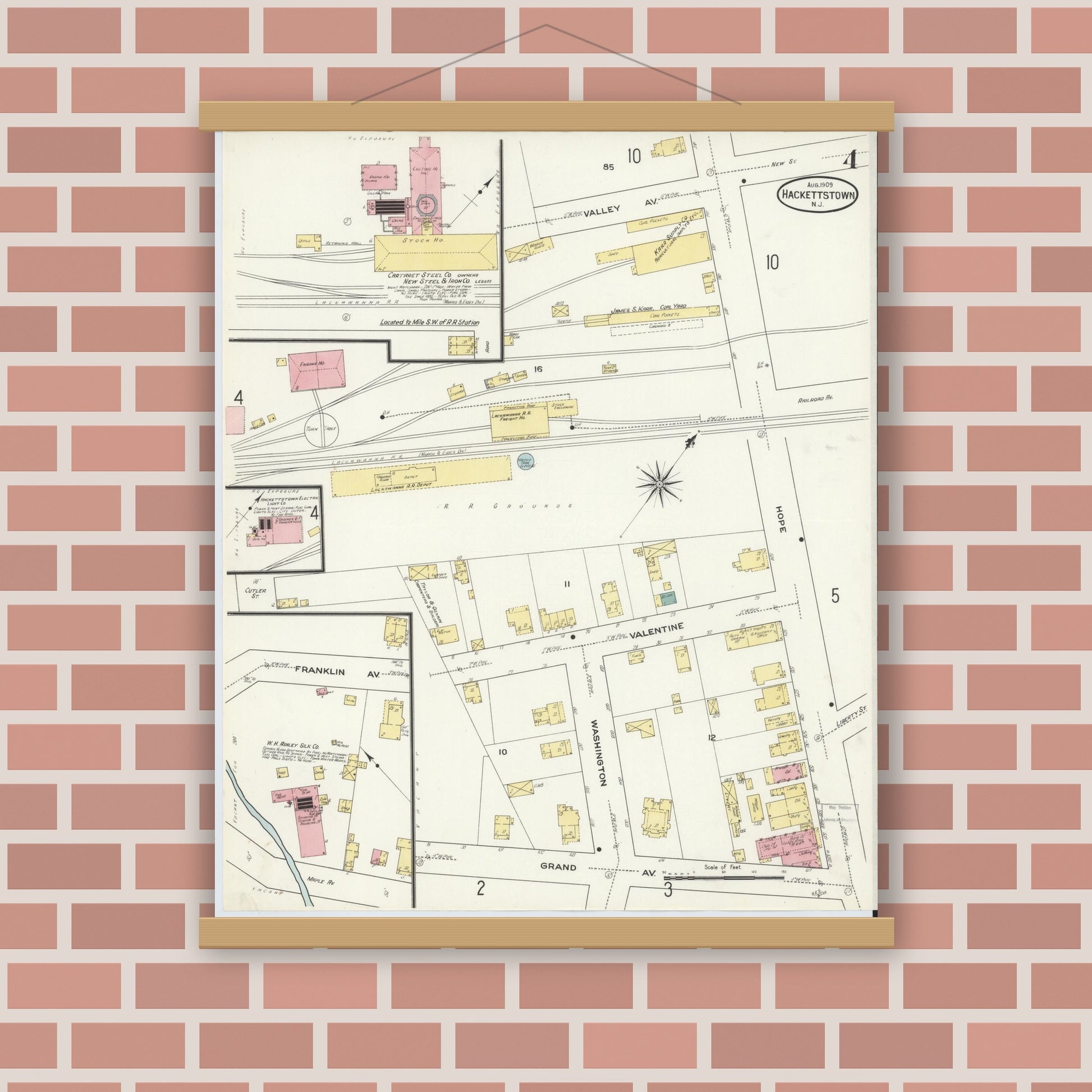 Old map wall art mockup — magnetic wood frame on brick wall — Sanborn Fire Insurance Map from Hackettstown, Warren County, New Jersey (1909), Sheet #0004