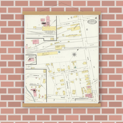 Old map wall art mockup — magnetic wood frame on brick wall — Sanborn Fire Insurance Map from Hackettstown, Warren County, New Jersey (1909), Sheet #0004