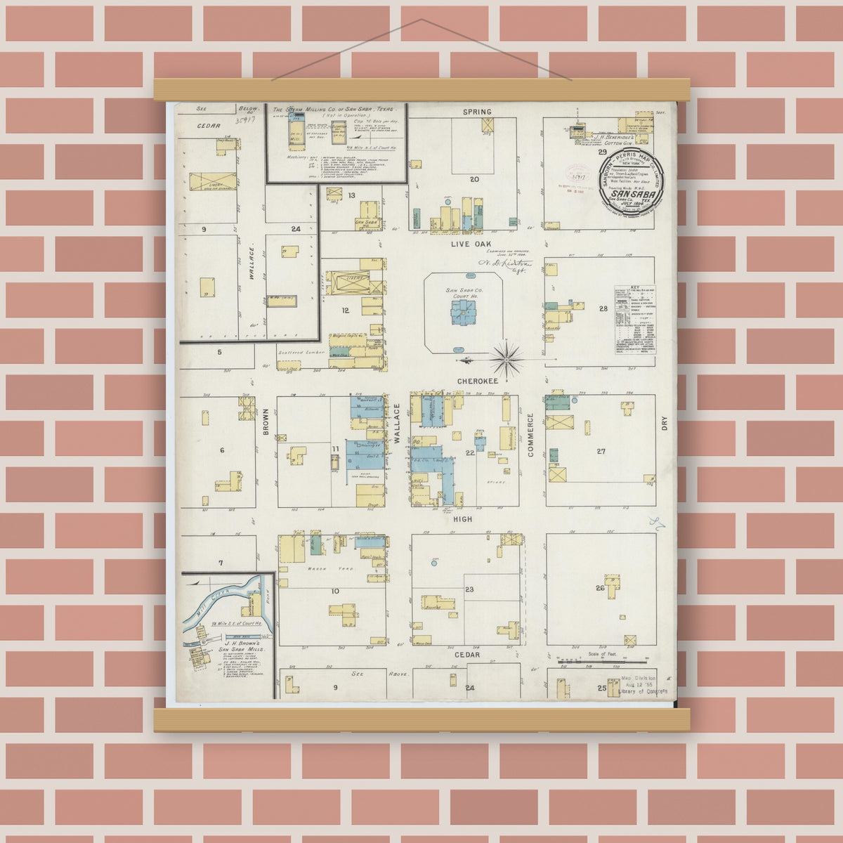 Old map wall art mockup — magnetic wood frame on brick wall — Sanborn Fire Insurance Map from San Saba, San Saba County, Texas (1894), Sheet #0001