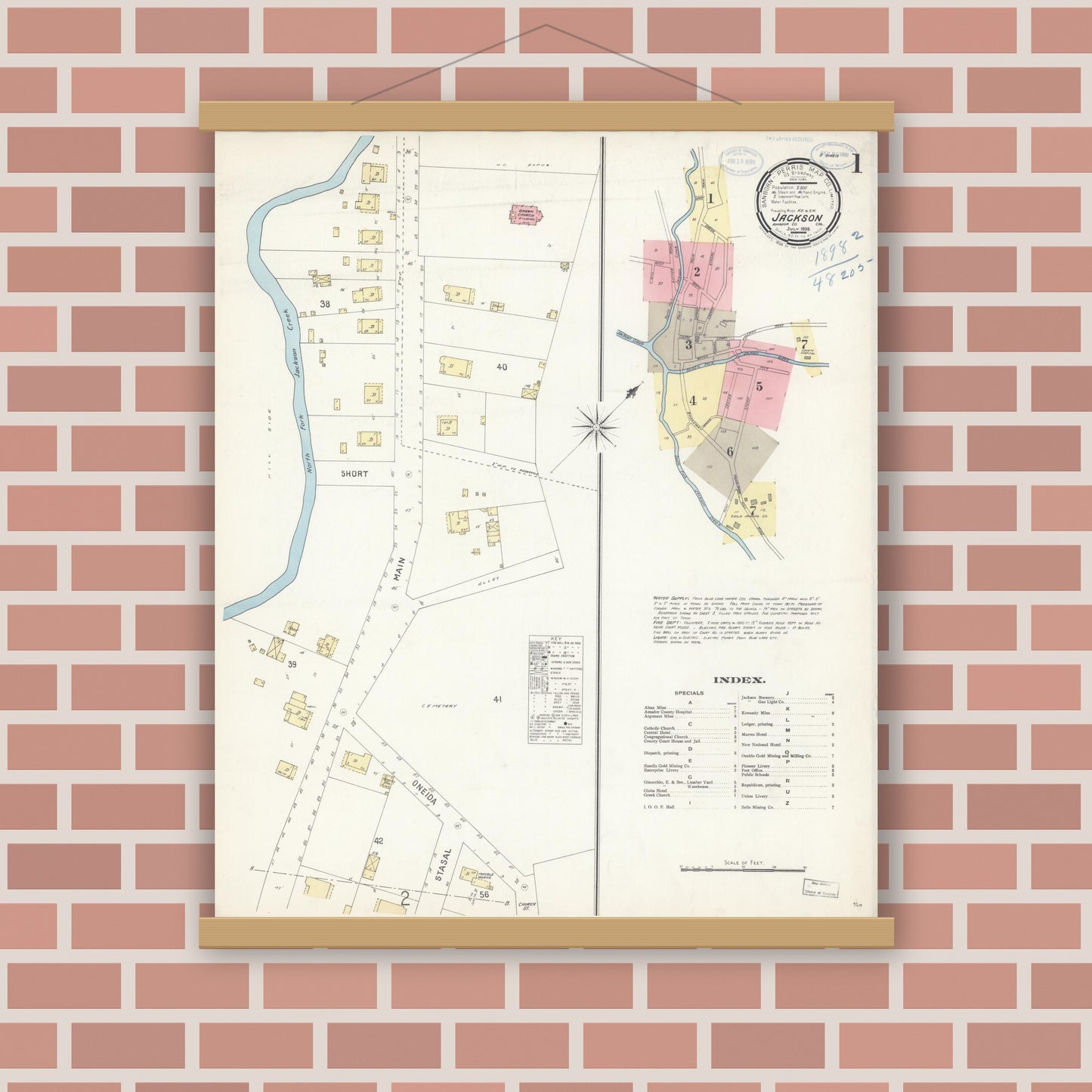 Old map wall art mockup — magnetic wood frame on brick wall — Sanborn Fire Insurance Map from Jackson, Amador County, California (1898) - Complete Map Set