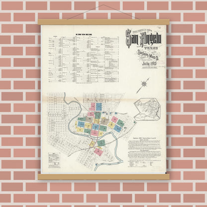 Old map wall art mockup — magnetic wood frame on brick wall — Sanborn Fire Insurance Map from San Angelo, Tom Green County, Texas (1913) - Complete Map Set