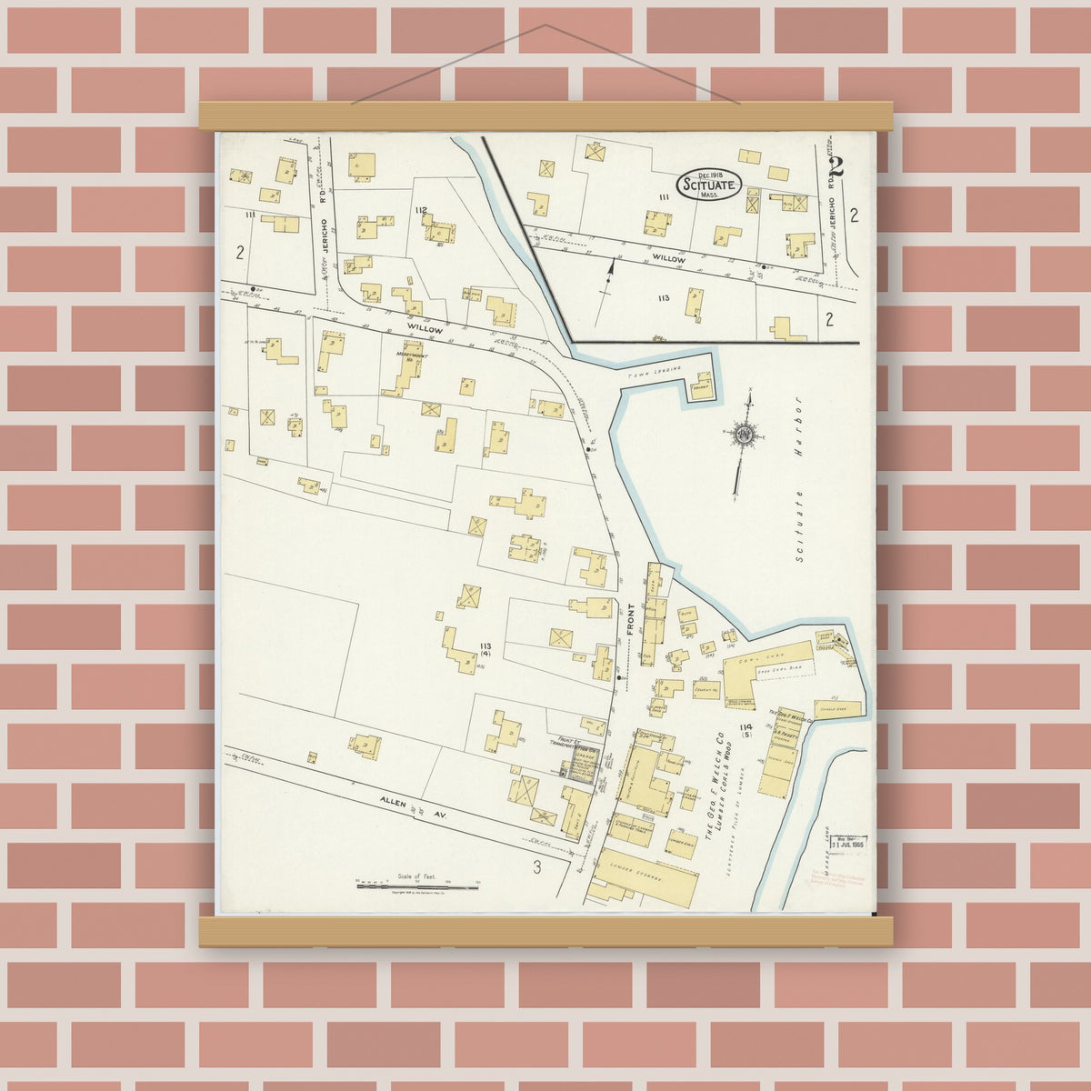 Old map wall art mockup — magnetic wood frame on brick wall — Sanborn Fire Insurance Map from Scituate, Plymouth County, Massachusetts (1918), Sheet #0002