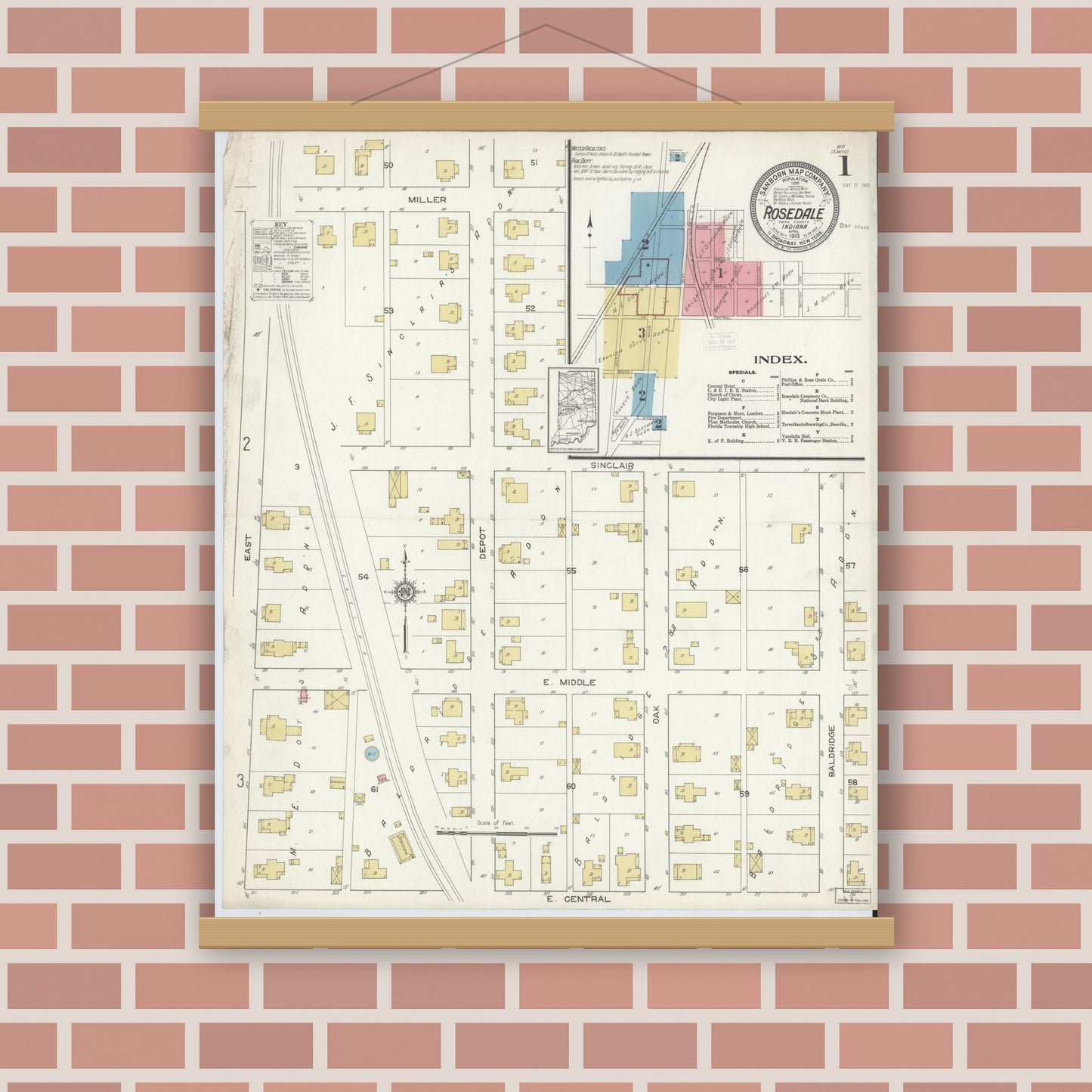 Old map wall art mockup — magnetic wood frame on brick wall — Sanborn Fire Insurance Map from Rosedale, Parke County, Indiana (1913) - Complete Map Set