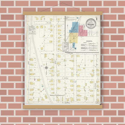 Old map wall art mockup — magnetic wood frame on brick wall — Sanborn Fire Insurance Map from Rosedale, Parke County, Indiana (1913) - Complete Map Set
