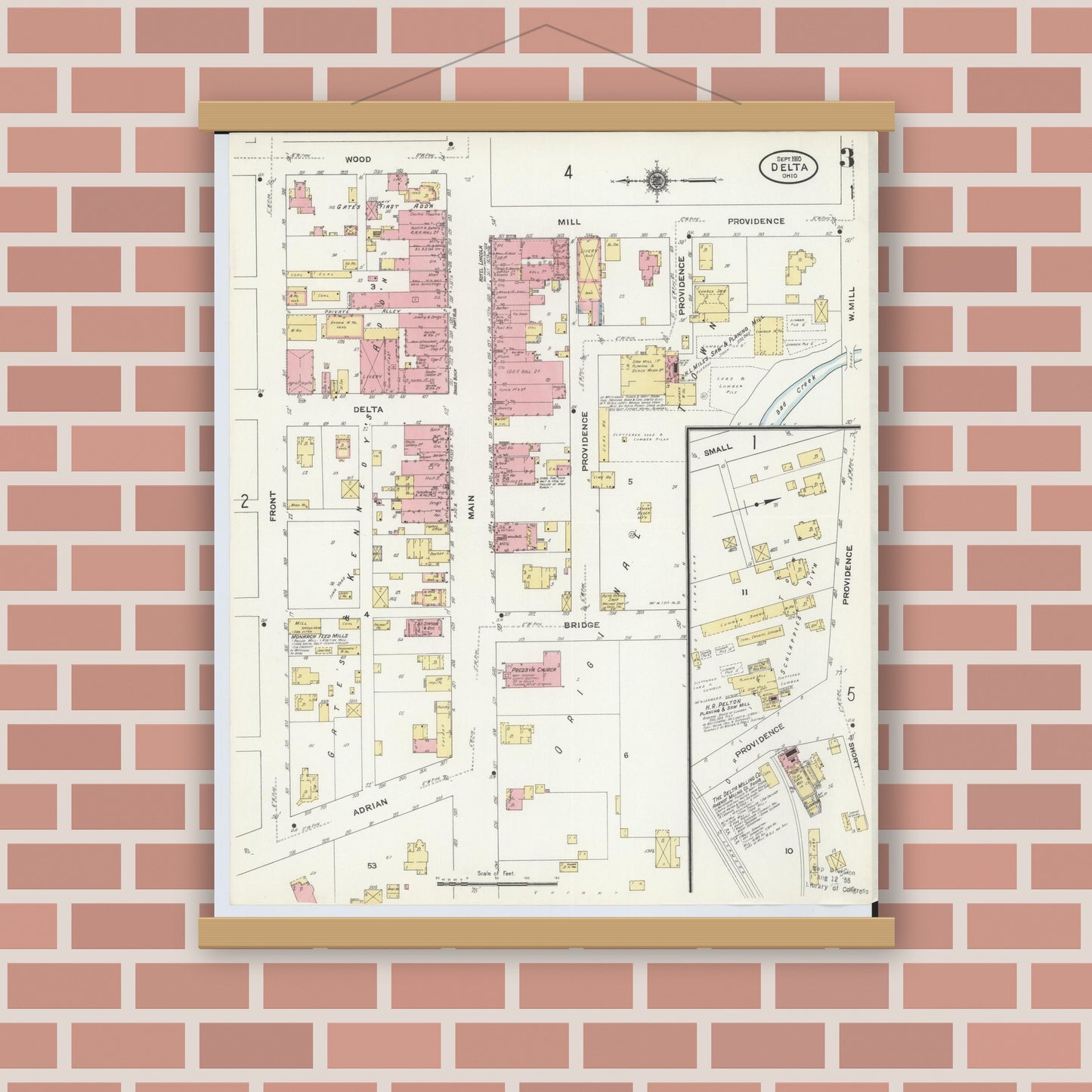 Old map wall art mockup — magnetic wood frame on brick wall — Sanborn Fire Insurance Map from Delta, Fulton County, Ohio (1905), Sheet #0007