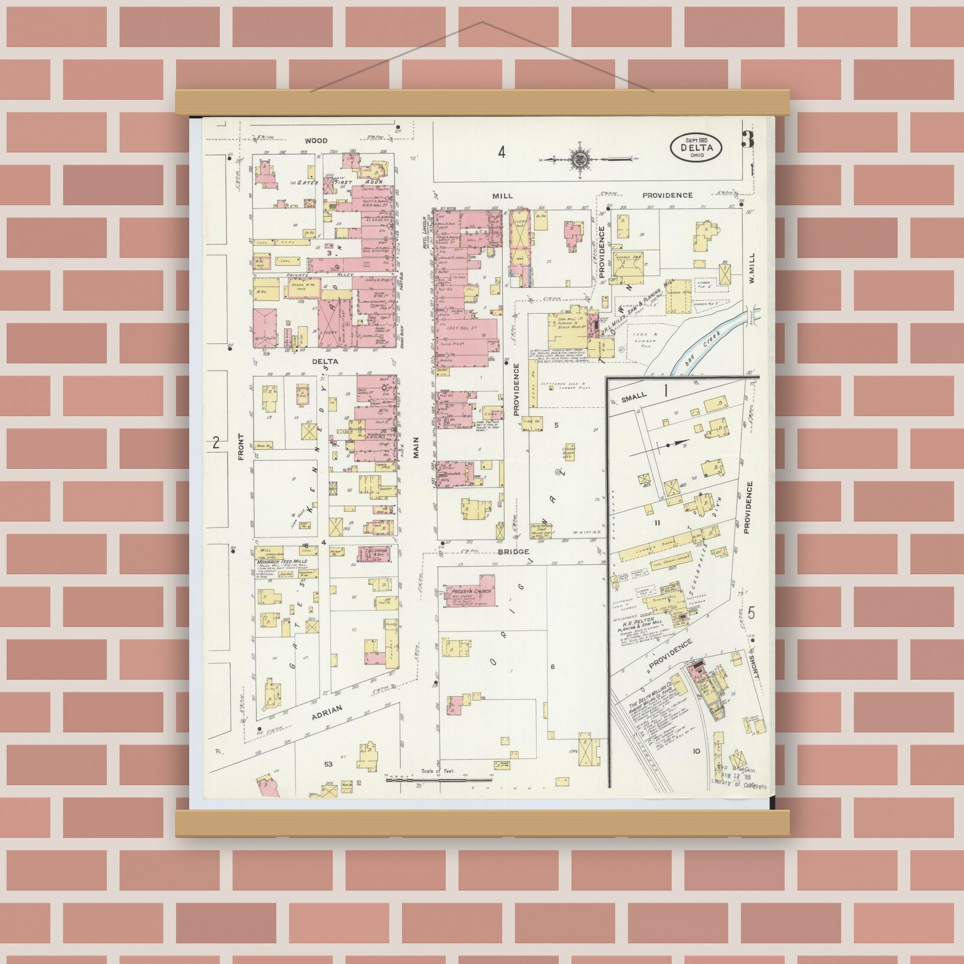 Old map wall art mockup — magnetic wood frame on brick wall — Sanborn Fire Insurance Map from Delta, Fulton County, Ohio (1905), Sheet #0007