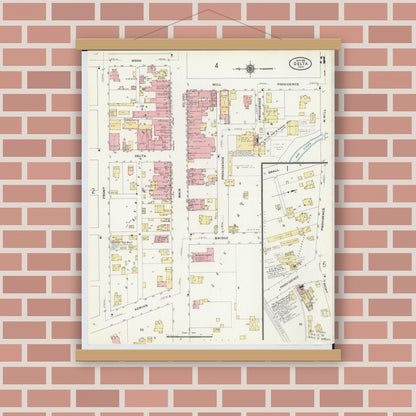 Old map wall art mockup — magnetic wood frame on brick wall — Sanborn Fire Insurance Map from Delta, Fulton County, Ohio (1905), Sheet #0007
